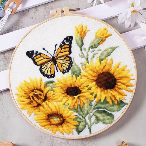 DIY Cross Stitch Kits Sunflower and Butterfly Easy for Beginners with Hoop 11CT Needlepoint Embroidery Counted Stamped Cross Stitch Set Craft Wall Decor 20x20cm(1) in Saudi Arabia
