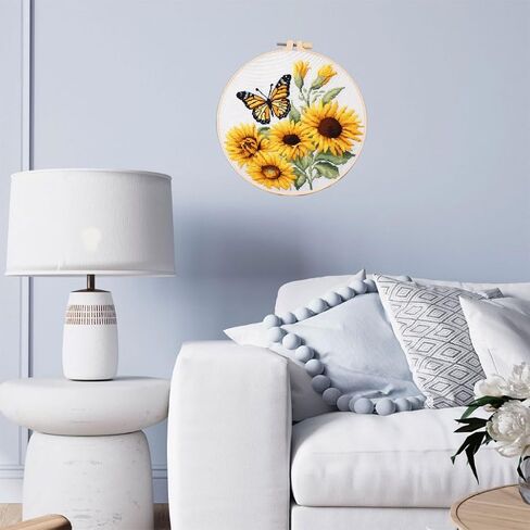 DIY Cross Stitch Kits Sunflower and Butterfly Easy for Beginners with Hoop 11CT Needlepoint Embroidery Counted Stamped Cross Stitch Set Craft Wall Decor 20x20cm(1) in Saudi Arabia