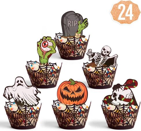 xo, Fetti Halloween Cupcake Toppers - 24 pcs | Spiderweb Wrappers, Ghost Party Decorations, Pumpkin, Skull, Jack-o-Lantern, Blood in Saudi Arabia