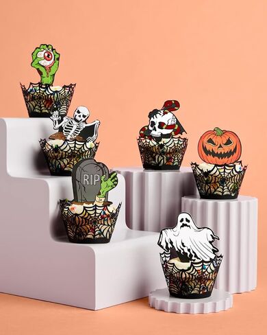 xo, Fetti Halloween Cupcake Toppers - 24 pcs | Spiderweb Wrappers, Ghost Party Decorations, Pumpkin, Skull, Jack-o-Lantern, Blood in Saudi Arabia