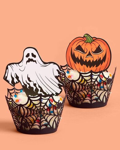 xo, Fetti Halloween Cupcake Toppers - 24 pcs | Spiderweb Wrappers, Ghost Party Decorations, Pumpkin, Skull, Jack-o-Lantern, Blood in Saudi Arabia
