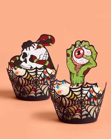xo, Fetti Halloween Cupcake Toppers - 24 pcs | Spiderweb Wrappers, Ghost Party Decorations, Pumpkin, Skull, Jack-o-Lantern, Blood in Saudi Arabia