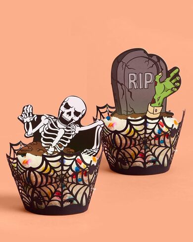 xo, Fetti Halloween Cupcake Toppers - 24 pcs | Spiderweb Wrappers, Ghost Party Decorations, Pumpkin, Skull, Jack-o-Lantern, Blood in Saudi Arabia