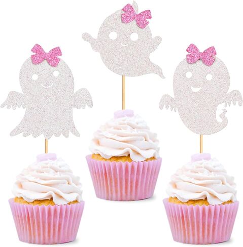 24pcs Ghost Cupcake Toppers - Halloween Pink & White ، استحمام الطفل ، الأشباح والجنس. in Kuwait