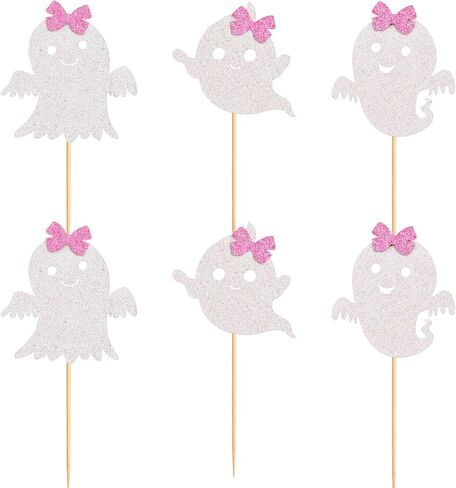 24pcs Ghost Cupcake Toppers - Halloween Pink & White ، استحمام الطفل ، الأشباح والجنس. in Kuwait