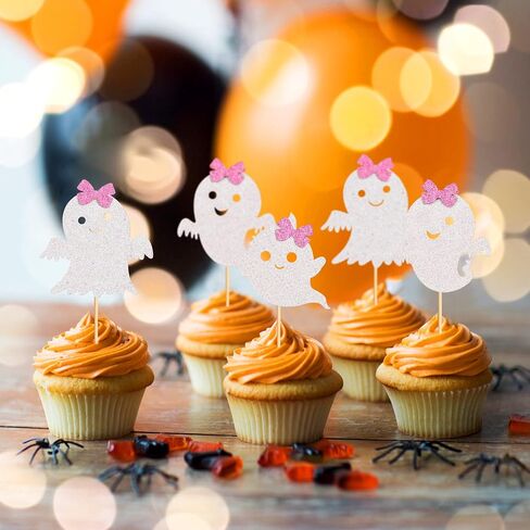 24pcs Ghost Cupcake Toppers - Halloween Pink & White ، استحمام الطفل ، الأشباح والجنس. in Kuwait