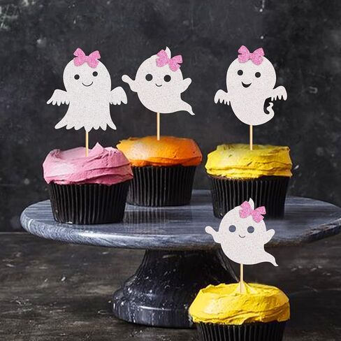 24pcs Ghost Cupcake Toppers - Halloween Pink & White ، استحمام الطفل ، الأشباح والجنس. in Kuwait
