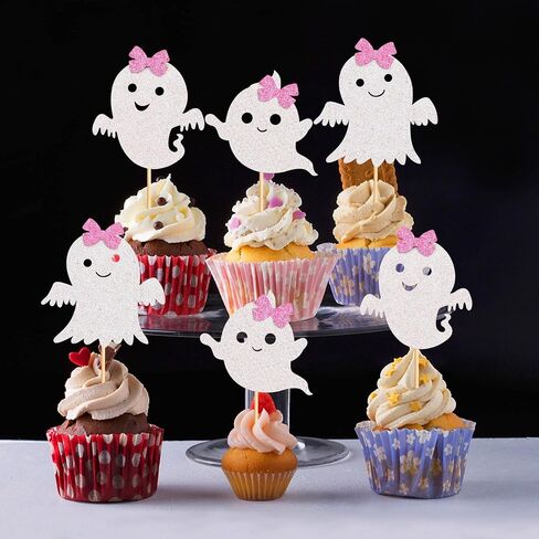 24pcs Ghost Cupcake Toppers - Halloween Pink & White ، استحمام الطفل ، الأشباح والجنس. in Kuwait