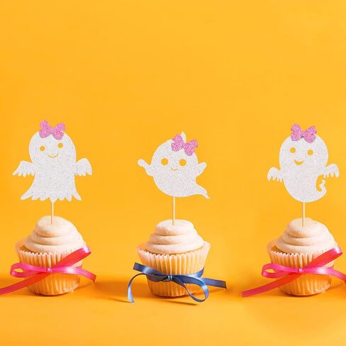 24pcs Ghost Cupcake Toppers - Halloween Pink & White ، استحمام الطفل ، الأشباح والجنس. in Kuwait