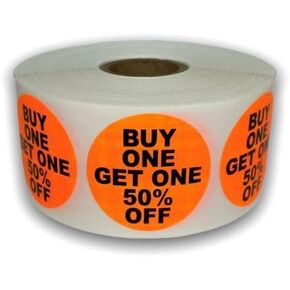 Buy One Get One Fifty Percent Off Labels 1.5-inch Round Orange Pricing Discount BOGO Retail Stickers Self-Adhesive Pack of 1000 Labels in Saudi Arabia