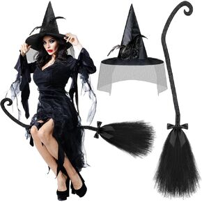 Hercicy 2 Pack Halloween Witch Broom Hat Set Halloween Witch Broom Cosplay Black Tulle Witch Hat and Broom with Bow Costume Witch Broom Costume Accessories Props for Halloween Costume Party Supplies in Saudi Arabia