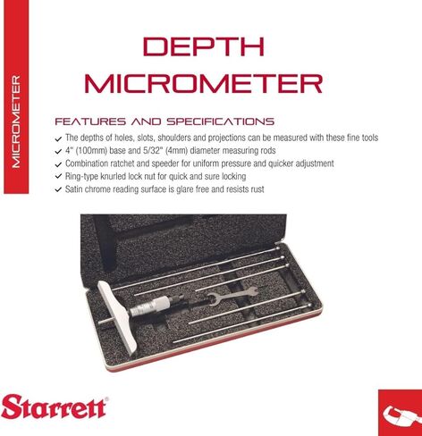 مقياس عمق ميكرومتر من ستاريت مع سقاطة وأداة سرعة غير دوارة في العلبة - كشتبان بسقاطة، نطاق 0-3 بوصة، تخرج 0.001 بوصة، قاعدة 2-1/2 بوصة، 3 قضبان - 449AZ-3R in Kuwait
