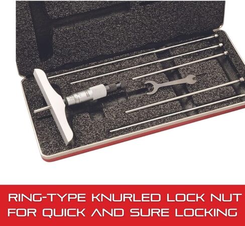 مقياس عمق ميكرومتر من ستاريت مع سقاطة وأداة سرعة غير دوارة في العلبة - كشتبان بسقاطة، نطاق 0-3 بوصة، تخرج 0.001 بوصة، قاعدة 2-1/2 بوصة، 3 قضبان - 449AZ-3R in Kuwait