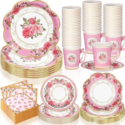 Honeydak 250 PCS شاي حفلة شاي يمكن التخلص منها وصحون مجموعة من الأزهار شاي لحفل اللوازم 50 ضيفا شاي الأزهار مع مقبض 9 "7" لوحات ورقة الشاي الأزهار مناديل الصوفية لحفل زفاف عيد ميلاد الحديقة in Saudi Arabia