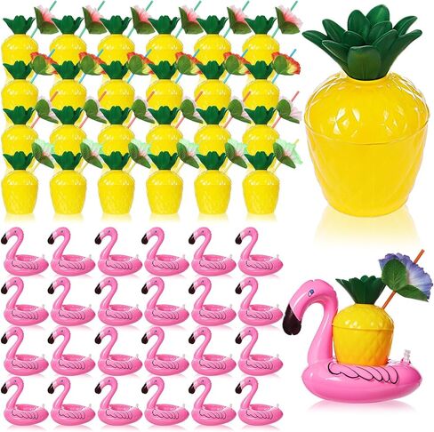 Hushee 24 Pack Fruit Cups مع 24 قش زهرة و 24 قابلة للنفخ العائمة فلامنغو مشروبات كوب الفاكهة البلاستيكية Flamingo Coaster for Hawaiian Summer Beach Party Supply (جوز الهند) in Kuwait