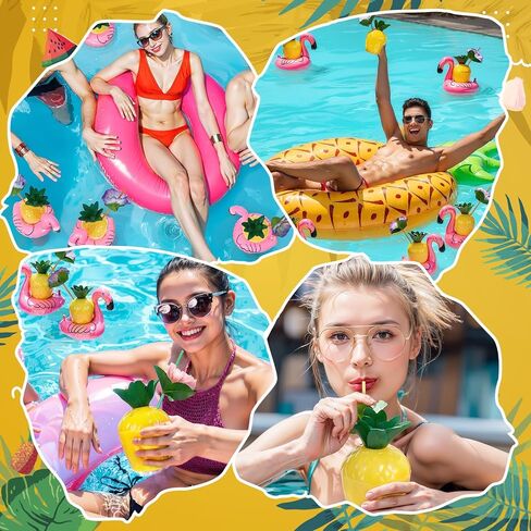 Hushee 24 Pack Fruit Cups مع 24 قش زهرة و 24 قابلة للنفخ العائمة فلامنغو مشروبات كوب الفاكهة البلاستيكية Flamingo Coaster for Hawaiian Summer Beach Party Supply (جوز الهند) in Kuwait