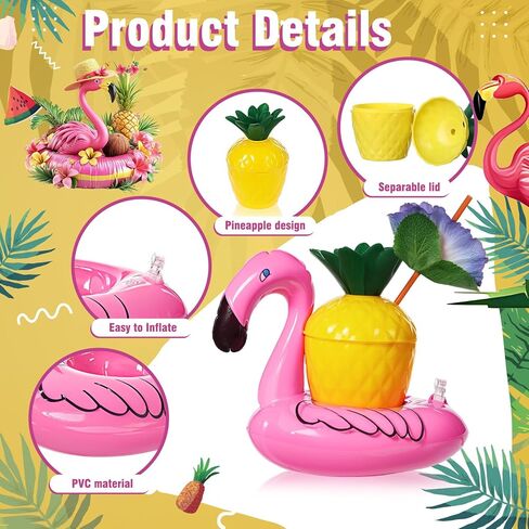 Hushee 24 Pack Fruit Cups مع 24 قش زهرة و 24 قابلة للنفخ العائمة فلامنغو مشروبات كوب الفاكهة البلاستيكية Flamingo Coaster for Hawaiian Summer Beach Party Supply (جوز الهند) in Kuwait