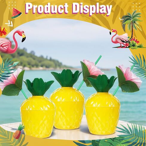 Hushee 24 Pack Fruit Cups مع 24 قش زهرة و 24 قابلة للنفخ العائمة فلامنغو مشروبات كوب الفاكهة البلاستيكية Flamingo Coaster for Hawaiian Summer Beach Party Supply (جوز الهند) in Kuwait