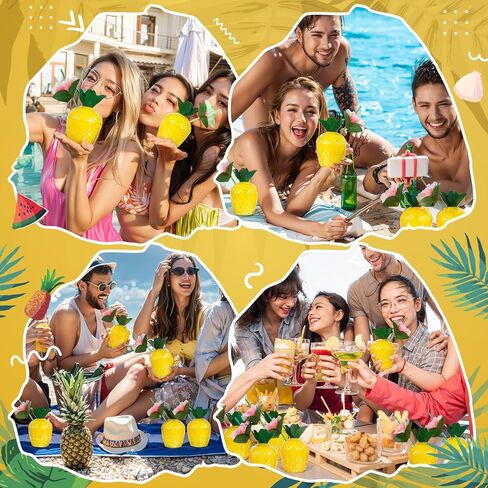 Hushee 24 Pack Fruit Cups مع 24 قش زهرة و 24 قابلة للنفخ العائمة فلامنغو مشروبات كوب الفاكهة البلاستيكية Flamingo Coaster for Hawaiian Summer Beach Party Supply (جوز الهند) in Kuwait