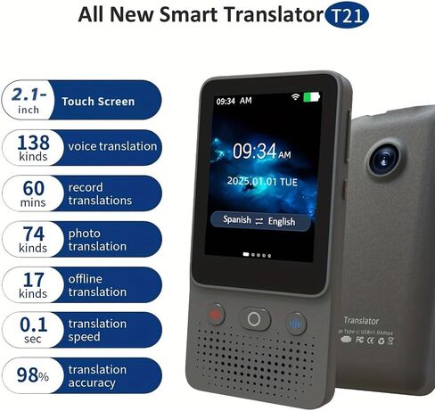 Ai Language Translator Device, 2025 Instant Voice Translator Device T21 No WiFi Needed, Two-Way 138 Languages Ai Translator Offline Recording Photo Translation Device for Business Travel Study in Saudi Arabia
