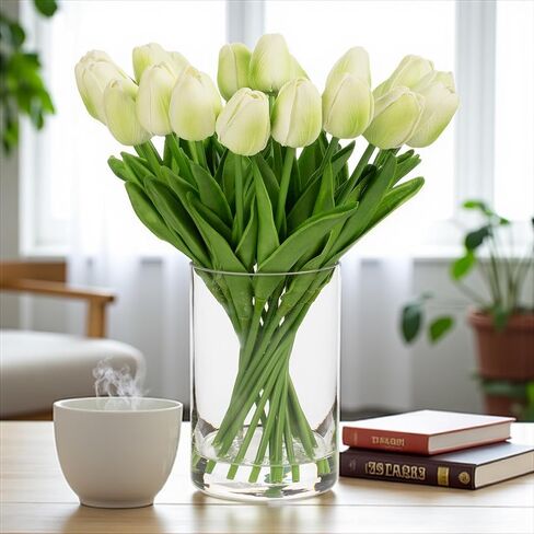 ENOVA FLORAL 20 Pieces Real Touch Artificial Tulips Flowers in Vase, Fake Red Tulips with Vase and Faux Water for Home Wedding Decoration, Dining Table (Red) in Saudi Arabia