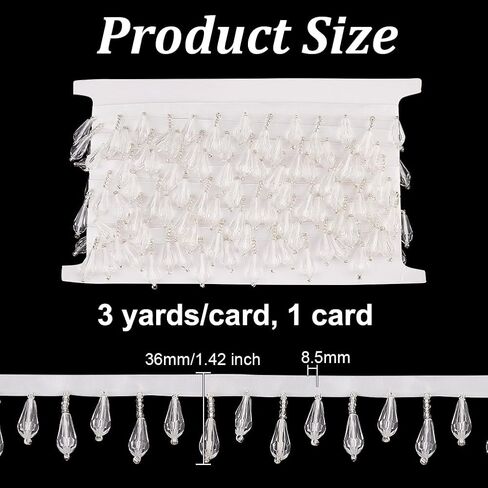 OLYCRAFT 3 Yards Beaded Teardrop Fringe Trim 1.4 Inch Wide Glass Teardrop Beaded Fringe Trim Decorative Fringe with Crystal Pendant Water Drop Beaded Fringe for Garment Accessories Clear Home Decor in Kuwait