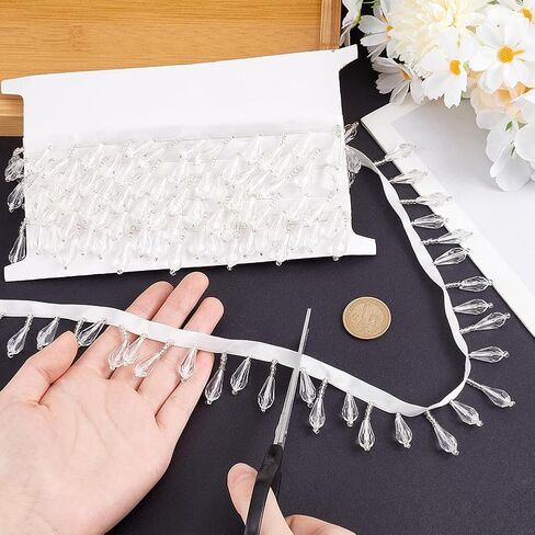 OLYCRAFT 3 Yards Beaded Teardrop Fringe Trim 1.4 Inch Wide Glass Teardrop Beaded Fringe Trim Decorative Fringe with Crystal Pendant Water Drop Beaded Fringe for Garment Accessories Clear Home Decor in Kuwait