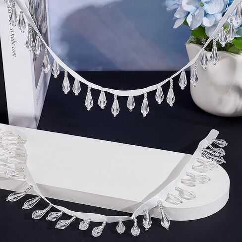 OLYCRAFT 3 Yards Beaded Teardrop Fringe Trim 1.4 Inch Wide Glass Teardrop Beaded Fringe Trim Decorative Fringe with Crystal Pendant Water Drop Beaded Fringe for Garment Accessories Clear Home Decor in Kuwait