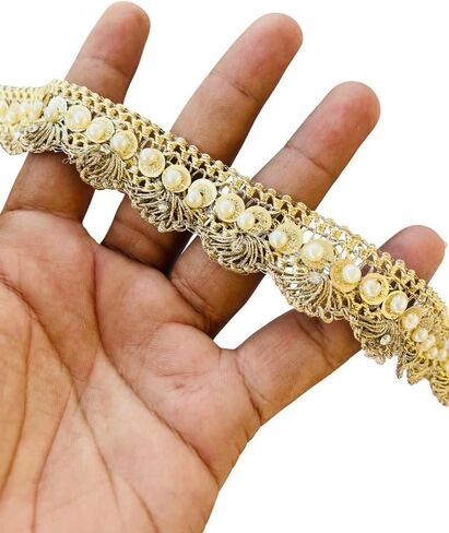 Gold Sequin Beaded Lace Trim – 1 Inch Wide Handmade Border for Sarees, Dresses, Dupattas, Blouses, Crafts | Available in 1, 3, 6 Yard (1) in Saudi Arabia
