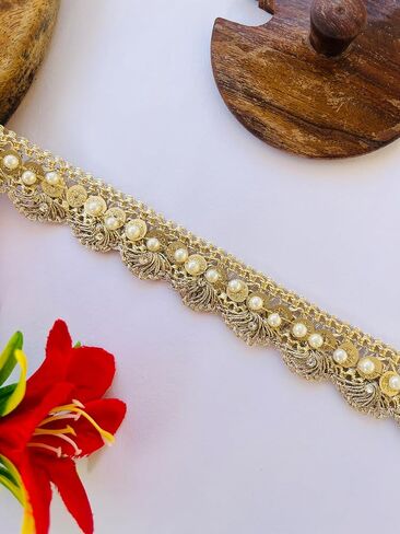 Gold Sequin Beaded Lace Trim – 1 Inch Wide Handmade Border for Sarees, Dresses, Dupattas, Blouses, Crafts | Available in 1, 3, 6 Yard (1) in Saudi Arabia