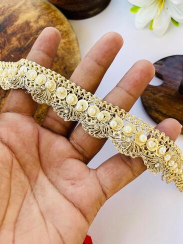 Gold Sequin Beaded Lace Trim – 1 Inch Wide Handmade Border for Sarees, Dresses, Dupattas, Blouses, Crafts | Available in 1, 3, 6 Yard (1) in Saudi Arabia