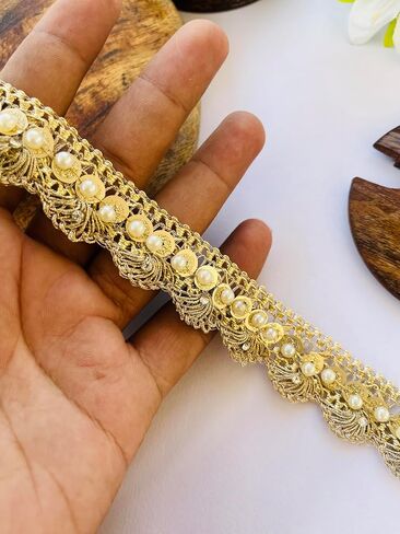 Gold Sequin Beaded Lace Trim – 1 Inch Wide Handmade Border for Sarees, Dresses, Dupattas, Blouses, Crafts | Available in 1, 3, 6 Yard (1) in Saudi Arabia