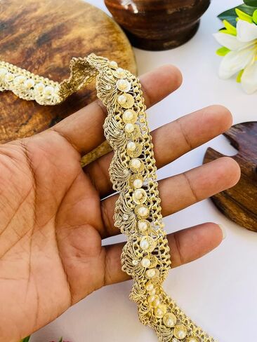 Gold Sequin Beaded Lace Trim – 1 Inch Wide Handmade Border for Sarees, Dresses, Dupattas, Blouses, Crafts | Available in 1, 3, 6 Yard (1) in Saudi Arabia