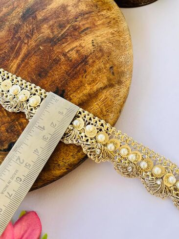 Gold Sequin Beaded Lace Trim – 1 Inch Wide Handmade Border for Sarees, Dresses, Dupattas, Blouses, Crafts | Available in 1, 3, 6 Yard (1) in Saudi Arabia