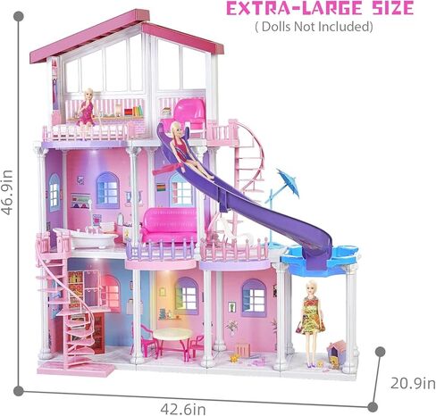 Dolly House Dolly Dolly الكبير ، دمية متينة من 3 طوابق مع أثاث وإكسسوارات كبيرة ، هدايا ABS Plastic Play House من 3 إلى 12 عامًا من الأطفال in Kuwait