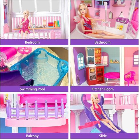 Dolly House Dolly Dolly الكبير ، دمية متينة من 3 طوابق مع أثاث وإكسسوارات كبيرة ، هدايا ABS Plastic Play House من 3 إلى 12 عامًا من الأطفال in Kuwait