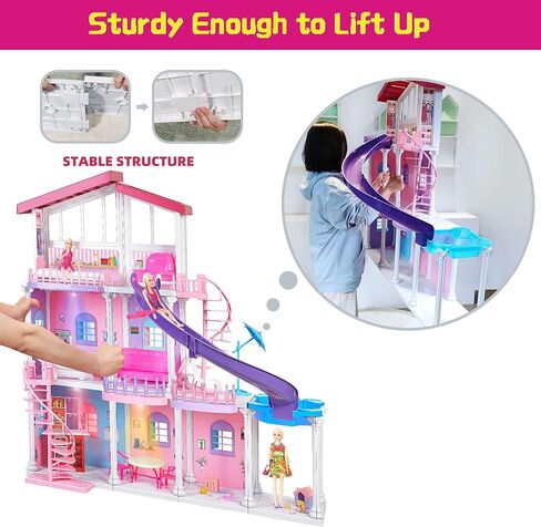 Dolly House Dolly Dolly الكبير ، دمية متينة من 3 طوابق مع أثاث وإكسسوارات كبيرة ، هدايا ABS Plastic Play House من 3 إلى 12 عامًا من الأطفال in Kuwait