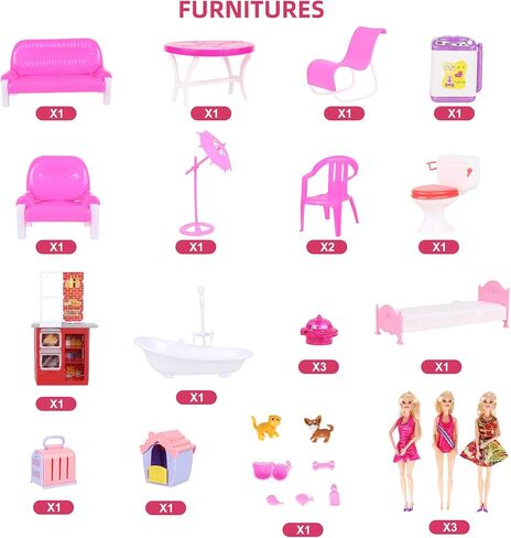 Dolly House Dolly Dolly الكبير ، دمية متينة من 3 طوابق مع أثاث وإكسسوارات كبيرة ، هدايا ABS Plastic Play House من 3 إلى 12 عامًا من الأطفال in Kuwait