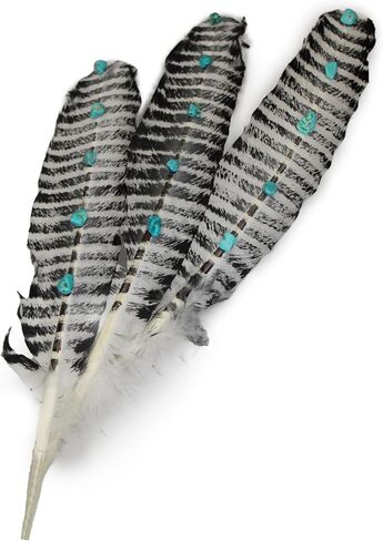Handmade Turquoise Studded Turkey Feather – Natural Barred Feather for Crafts, Hats, Dreamcatchers, Garland, Trim, Accessories, Decor, Events, Costumes – 3-Pack, Natural in Saudi Arabia