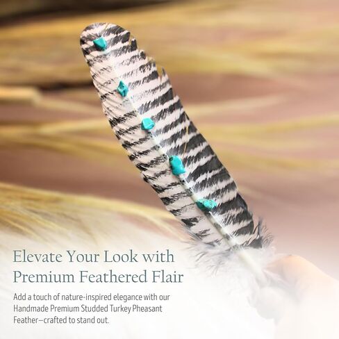 Handmade Turquoise Studded Turkey Feather – Natural Barred Feather for Crafts, Hats, Dreamcatchers, Garland, Trim, Accessories, Decor, Events, Costumes – 3-Pack, Natural in Saudi Arabia