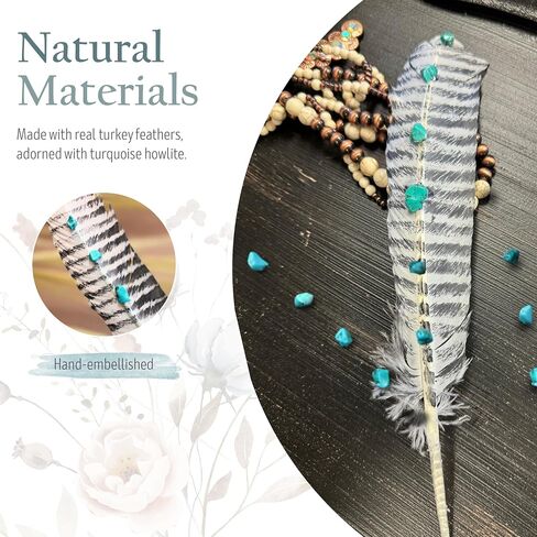 Handmade Turquoise Studded Turkey Feather – Natural Barred Feather for Crafts, Hats, Dreamcatchers, Garland, Trim, Accessories, Decor, Events, Costumes – 3-Pack, Natural in Saudi Arabia
