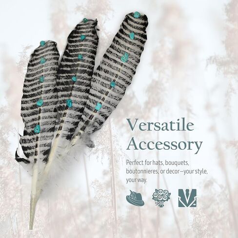 Handmade Turquoise Studded Turkey Feather – Natural Barred Feather for Crafts, Hats, Dreamcatchers, Garland, Trim, Accessories, Decor, Events, Costumes – 3-Pack, Natural in Saudi Arabia