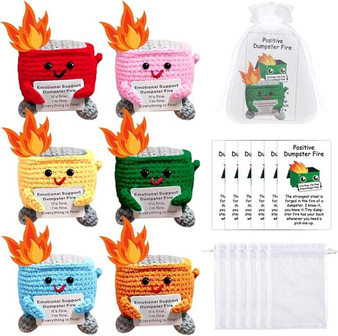 6 Sets Emotional Support Dumpster Fire Crochet Teacher Appreciation Day Gift with Positive Card Motivational Handmade Knitted Doll Present for Coworkers Staff Women Men Nurse Week School Office in Saudi Arabia
