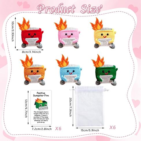 6 Sets Emotional Support Dumpster Fire Crochet Teacher Appreciation Day Gift with Positive Card Motivational Handmade Knitted Doll Present for Coworkers Staff Women Men Nurse Week School Office in Saudi Arabia