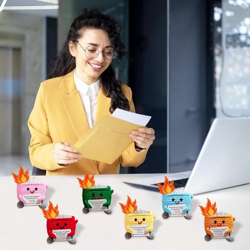 6 Sets Emotional Support Dumpster Fire Crochet Teacher Appreciation Day Gift with Positive Card Motivational Handmade Knitted Doll Present for Coworkers Staff Women Men Nurse Week School Office in Saudi Arabia