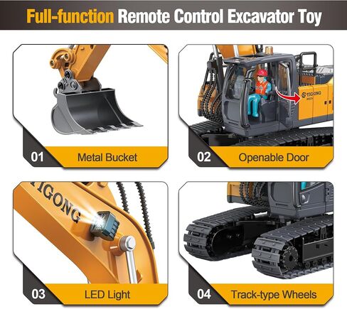 Remote Control Excavator Toys for Boys 3-5 year old, 680-degree Turns with 2 Batteries, Metal Shovel, Roadblock sign, Lights & Sounds, Construction RC Excavator Toy Best Birthday Gift for 6-12 yr Boys in Saudi Arabia