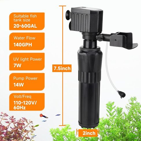 hygger Aquarium U-V Filter for 20-60 Gallon Tank, Submersible 14W Pump Filter for Green Water and Algae Clean, Internal Fish Tank Filter for Saltwater Freshwater in Saudi Arabia