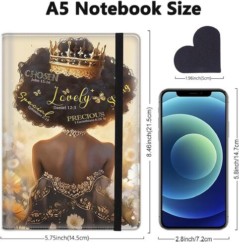 A5 Leather Lined Journal Notebook, 200 Pages Hardcover Executive Notebook for Men Women Office Note Taking, Thick Writing Paper Daily Journal with Bookmarks/Indexes, African American Girl Crown in Kuwait