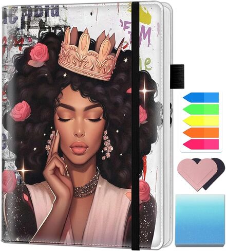 A5 Leather Lined Journal Notebook, 200 Pages Hardcover Executive Notebook for Men Women Office Note Taking, Thick Writing Paper Daily Journal with Bookmarks/Indexes, African American Girl Crown in Kuwait