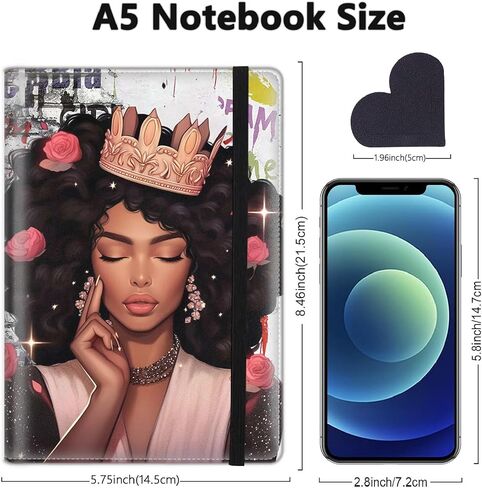 A5 Leather Lined Journal Notebook, 200 Pages Hardcover Executive Notebook for Men Women Office Note Taking, Thick Writing Paper Daily Journal with Bookmarks/Indexes, African American Girl Crown in Kuwait